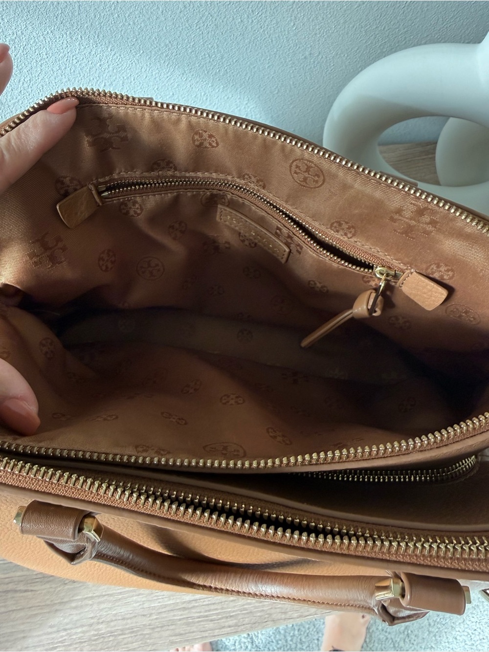 Tory Burch Pebbled Double Zip Satchel - Tan - Picture 9 of 14